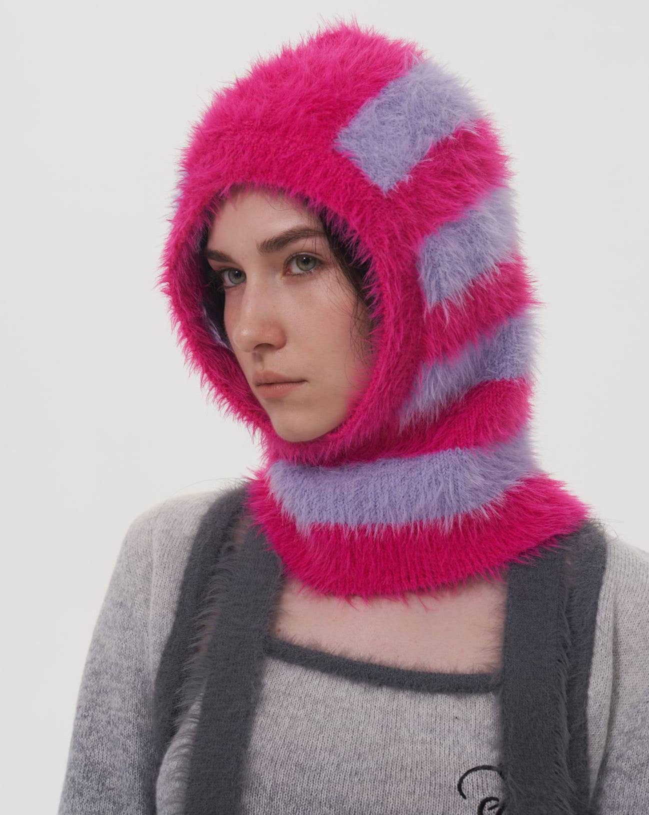 HIDDENBRAND - Wholesale Balaclava - Women's - Two-Tone Striped Imitation Mink Balaclava Hat