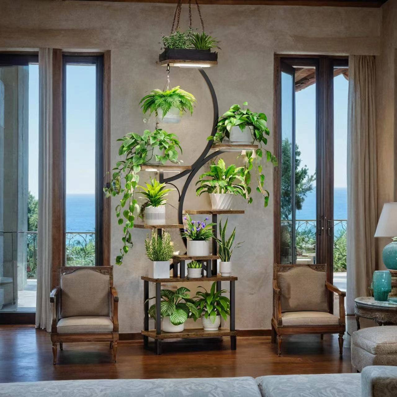 39F Inc. – Großhandel Blumentopfständer – 8-stufiger Pflanzenständer mit Wachstumslichtern, 155 cm hoch, Metall, Schwarz1