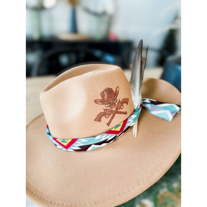 Western Burned Hat Cowboy Skull Cross Design for wholesale by Wild Indigo