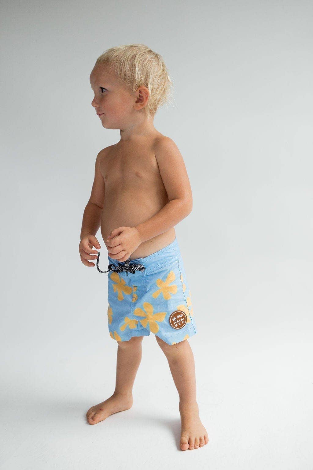 Kid’s Townshort Boardshorts in Light Blue Plumeria for wholesale on Faire4