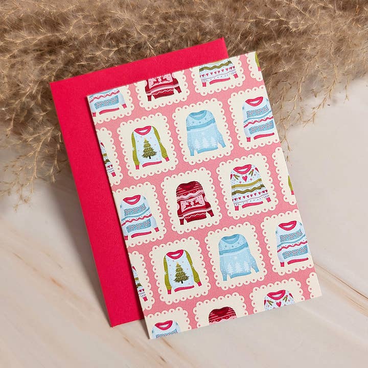 Warm Sweater Wishes Mini Holiday Card for wholesale by Cheeky Peach Designs