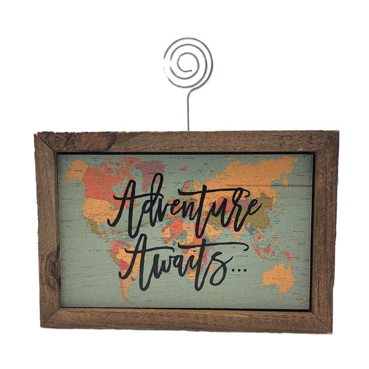 Driftless Studios - Wholesale Picture Frame - 6X4 Tabletop Picture Frame Block - Adventure Awaits Map Sign0