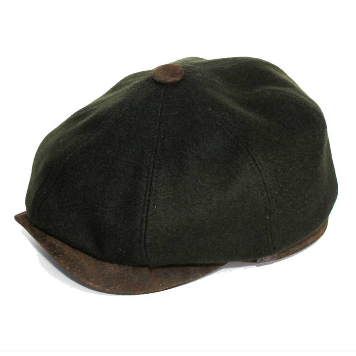 Eden Wool Bakerboy Newsboy Pet Met Leren Klep - Olijfkleurig voor wholesale door Dasmarca Hats