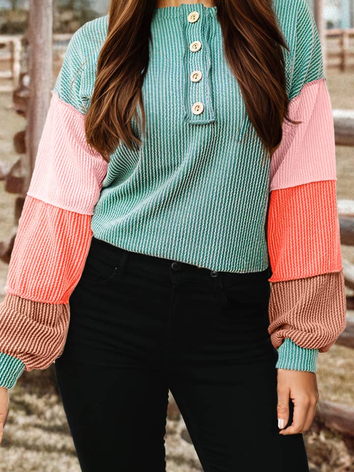 Fashion-W Twisted Ribbed Knit Colorblock Henley Top for wholesale by fashionworks