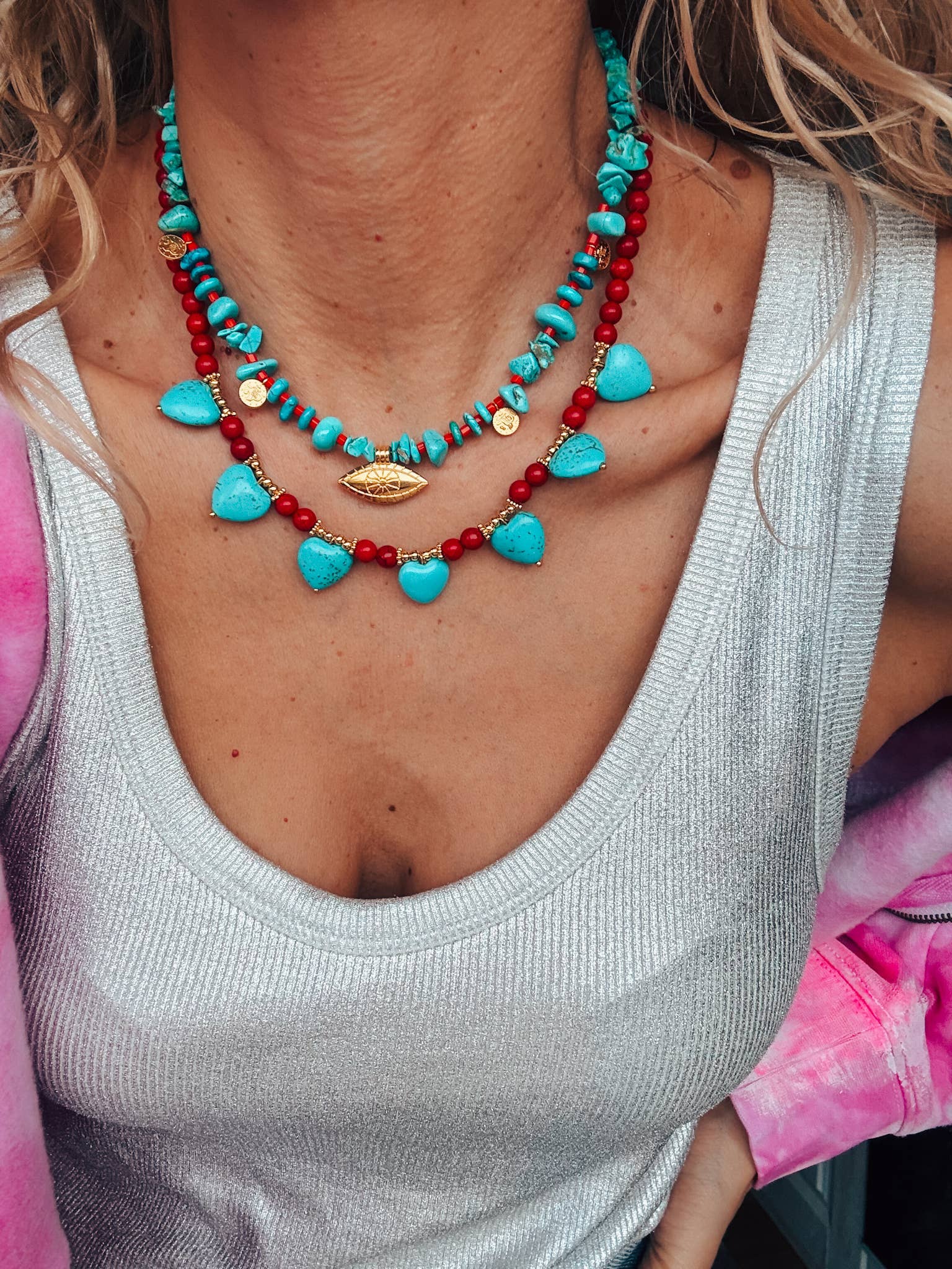 Goupi - Wholesale Beaded/Pearl Necklace - Turquoise & Red Howlite Necklaces – Layered Boho Jewelry