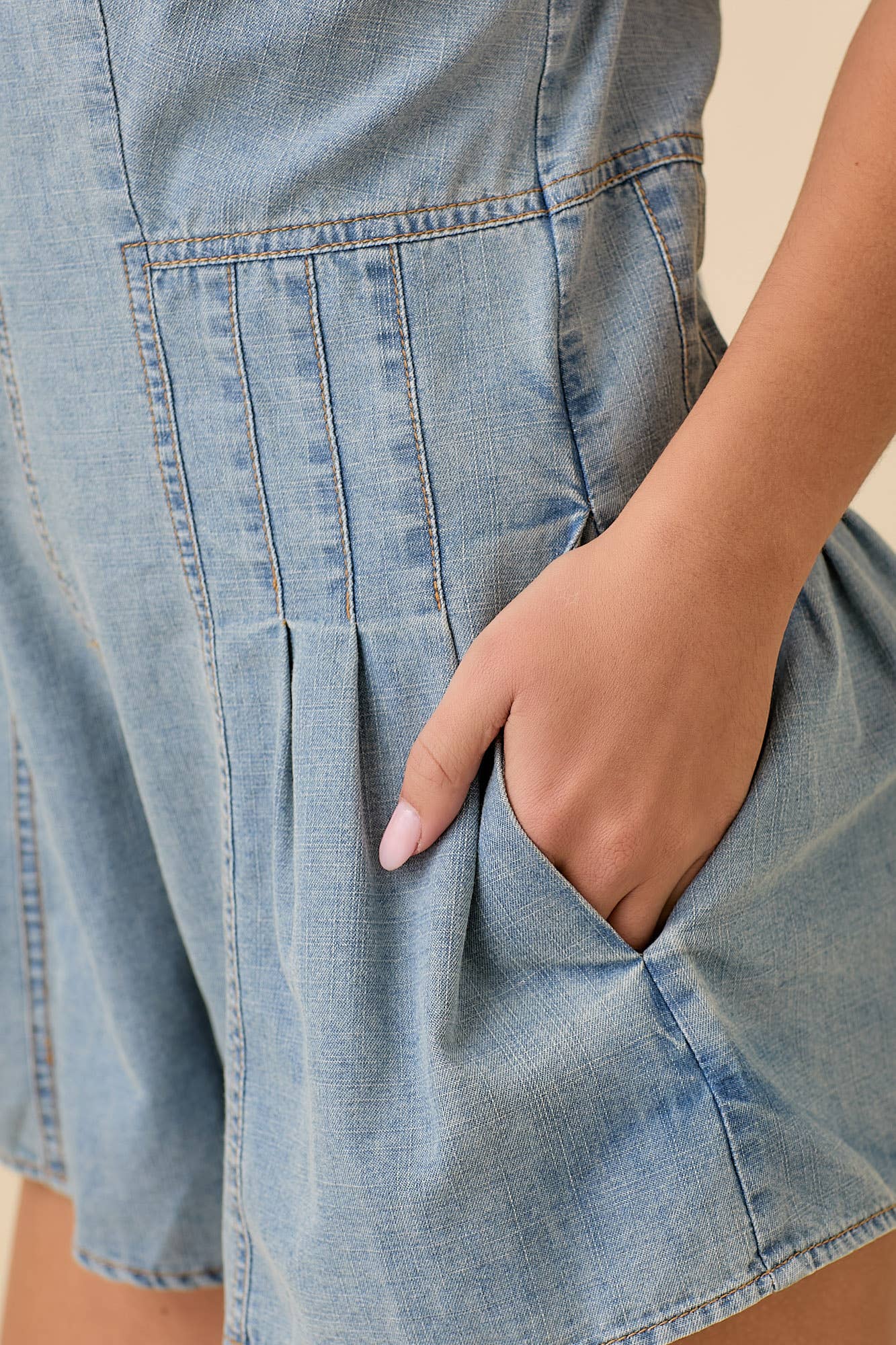 Main Strip – wholesale Romper – Women's – Washed Denim V-Neck Romper with Pleat Detail & Tie Straps6