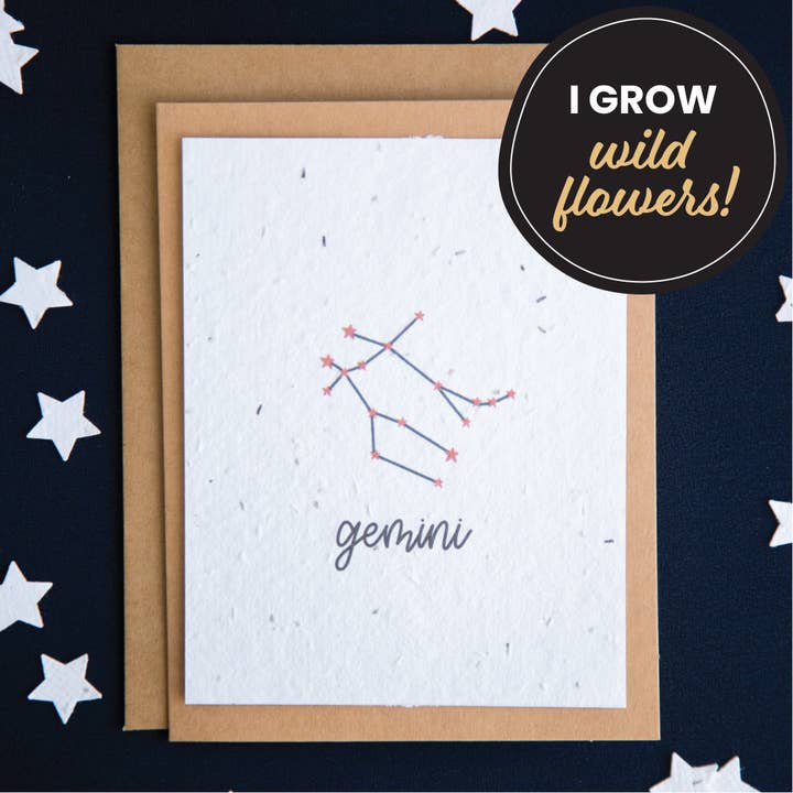 Carte d'anniversaire plantable du signe Gémeaux pour la vente par Stockyard Stationery