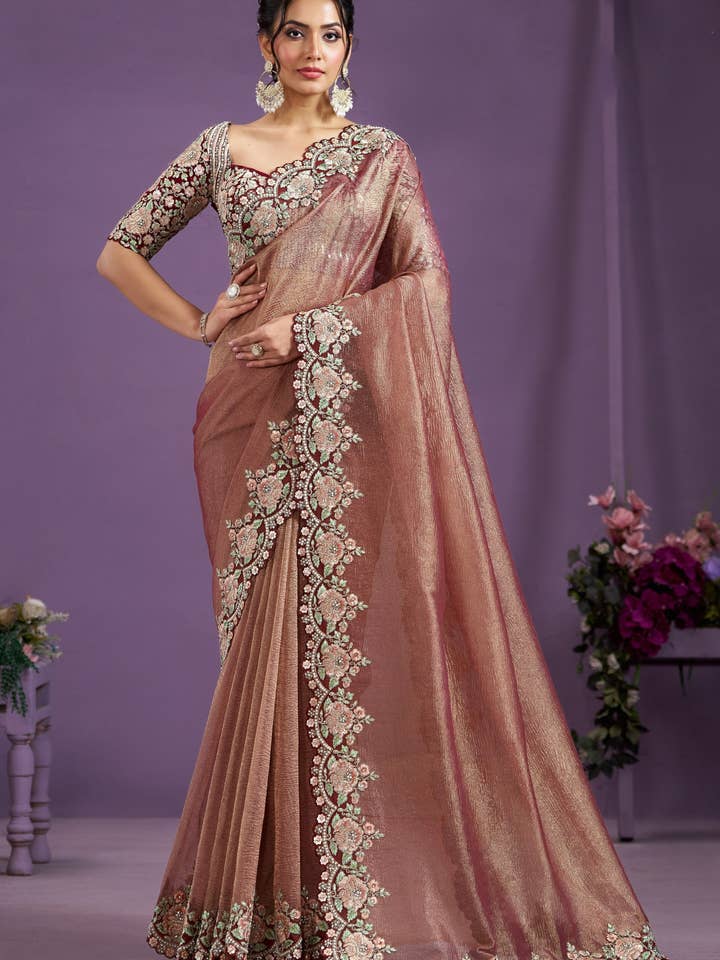 HATKE BRIDE - Wholesale Blouse - Women's - Rose Gold Banarasi Crush Silk Saree With Stitched Blouse For Indian & Pakistani Wedding Festival - Sequence Embroidery Work, Moti Work