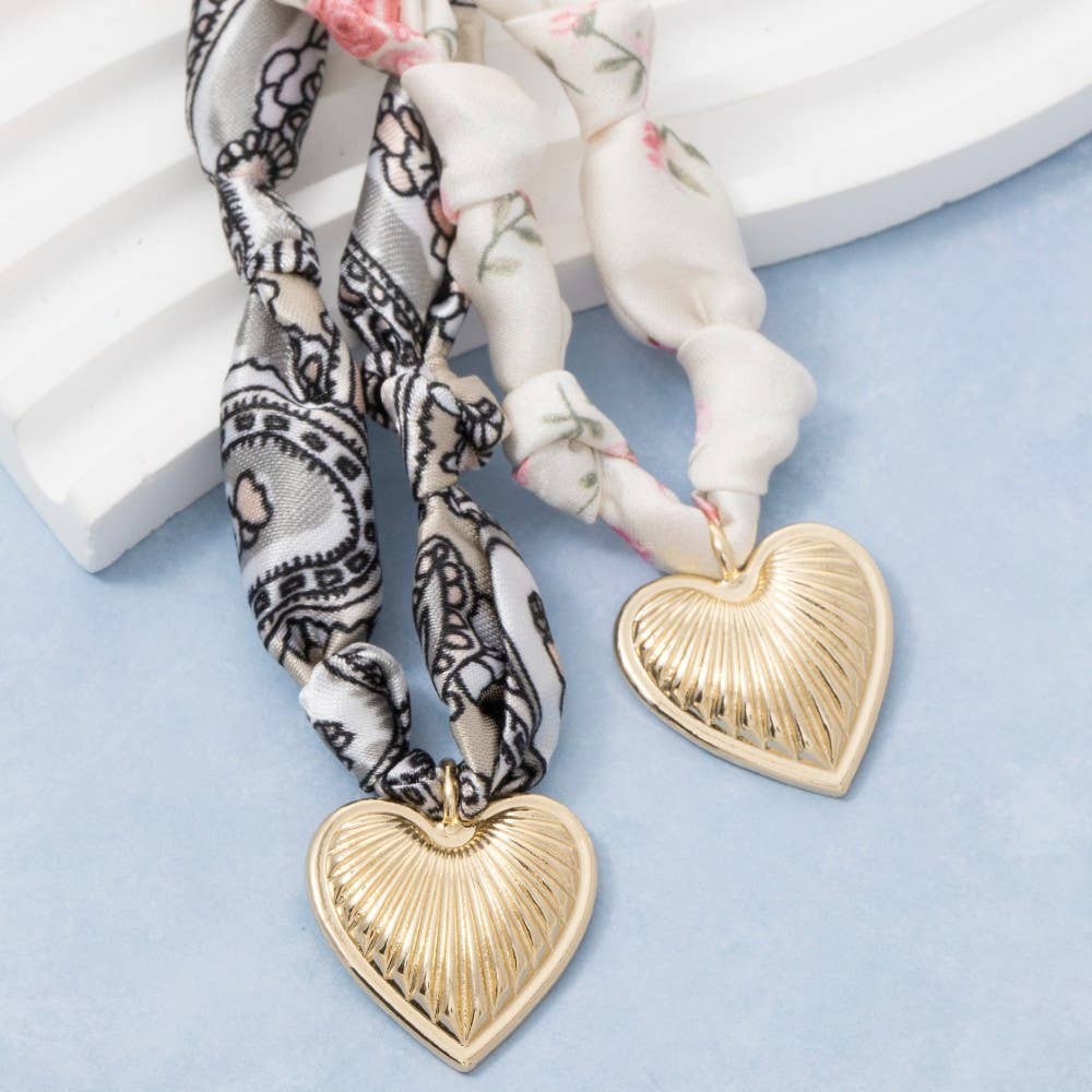 The Looks by Fame Accessories - Wholesale Pendant/Charm Necklace - Textured Heart Pendant Knotted Bandana Necklace0
