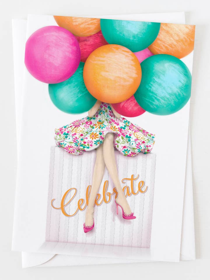 Celebrate Girl With Balloons Greeting Card C_1817 for wholesale by Ann Scott Design