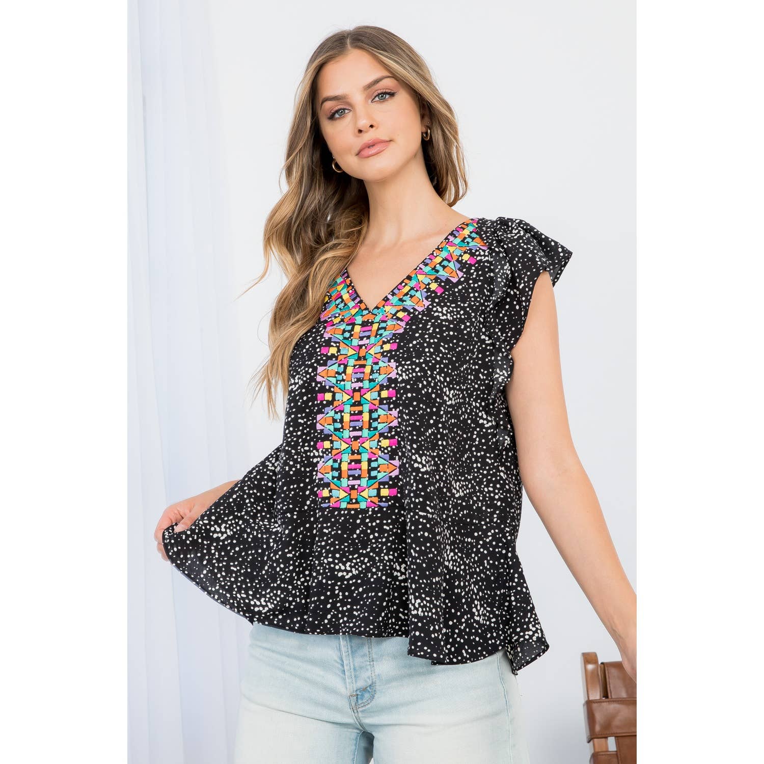THML - Wholesale Blouse - Women's - Embroidered Flutter Sleeve Blouse4