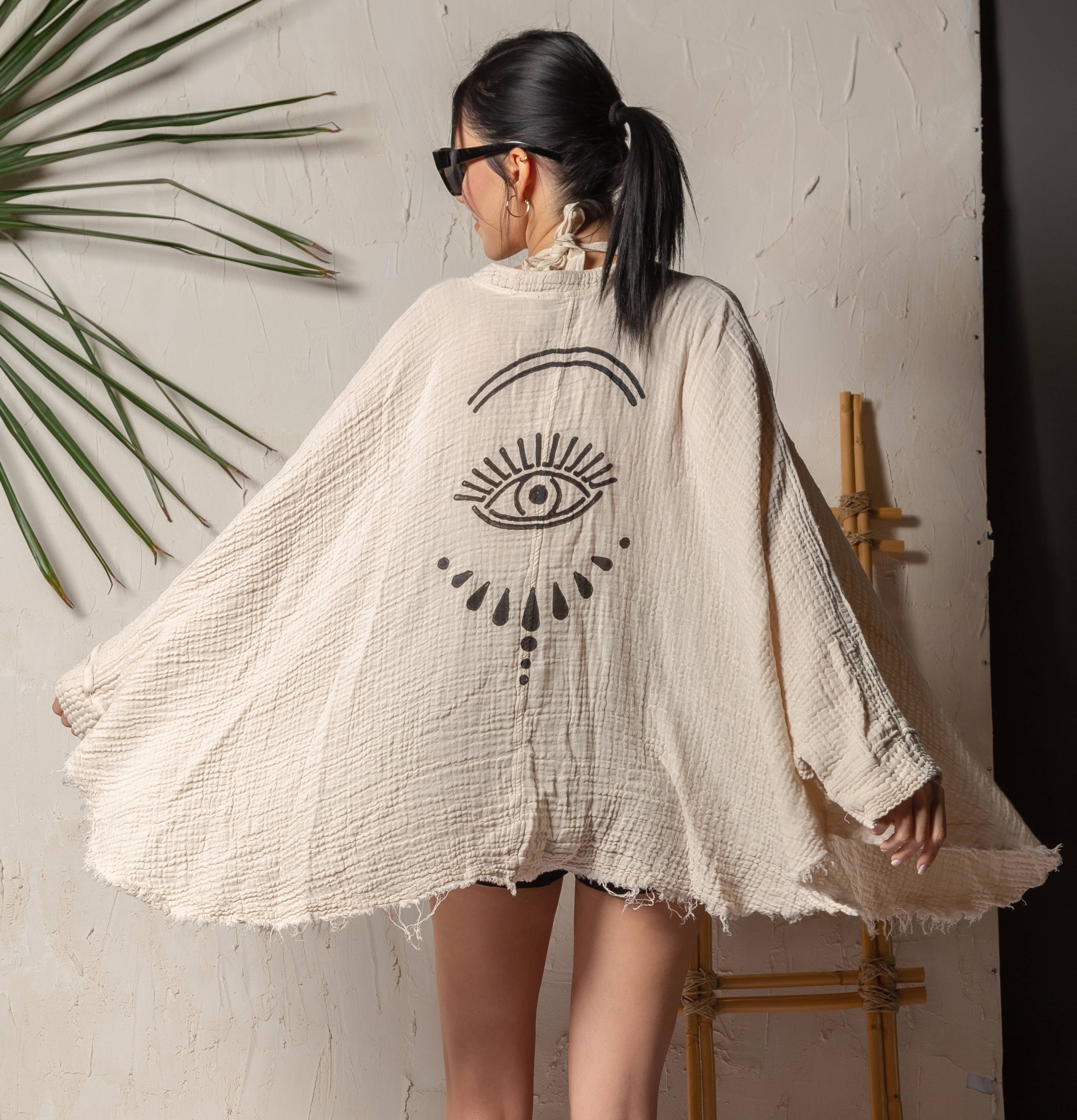 Moa - Wholesale Kimono - Women's - Cream Evil Eye Muslin Kimono Robe / Poncho5