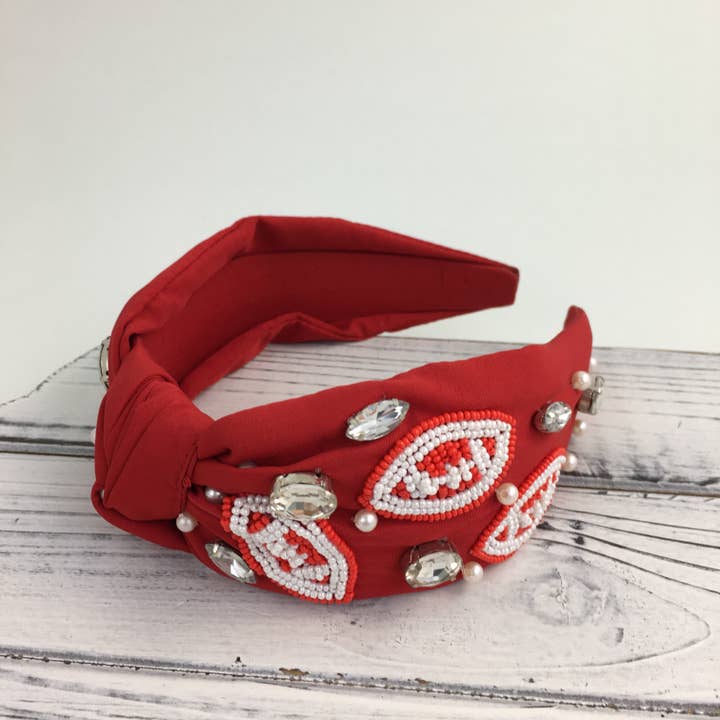 Red and white beaded football knot headband for wholesale by SongLily