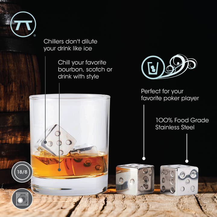 Fox Run Brands - Wholesale Drink Chilling Cubes - Outset Stainless Steel Dice Whiskey Stones, Set 4, 1.06”