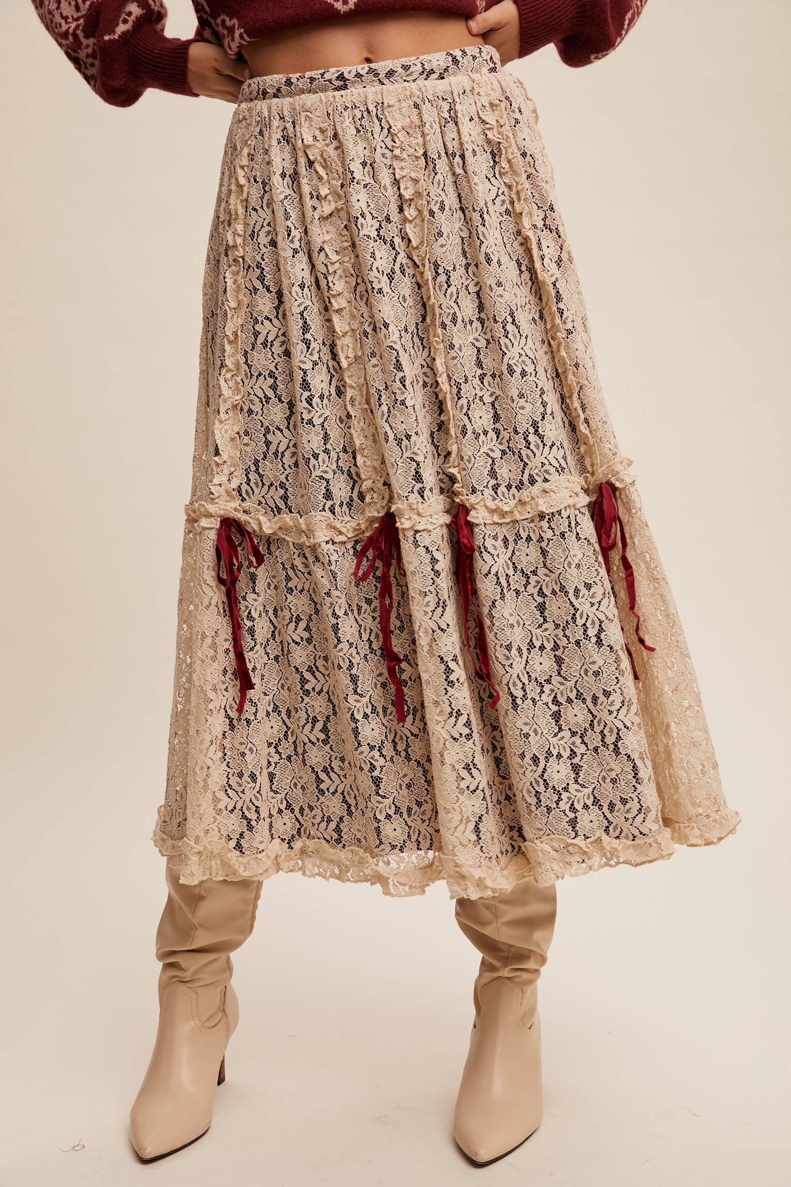 Listicle – wholesale Skirt – Women’s – Lace Midi Skirt with Ribbon Details13