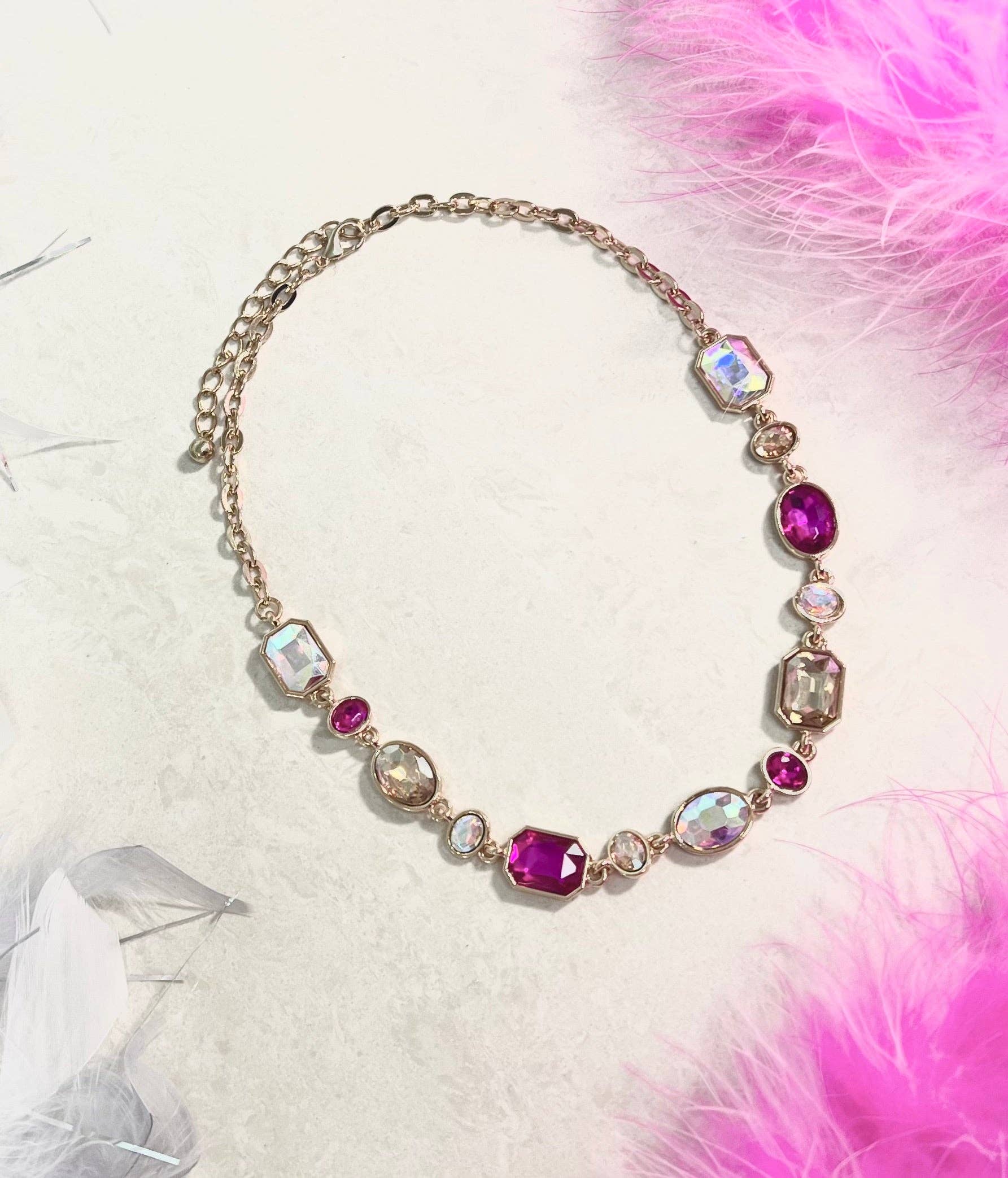 Blushing Romance: Pink Bejeweled Single Strand Necklace for wholesale on Faire1