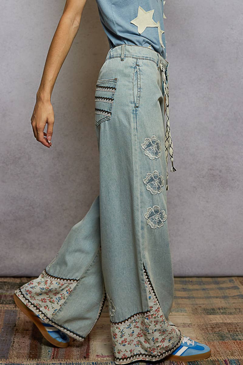 Pol Clothing - Wholesale Jeans - Women's - Floral patches embroidery elastic band casual pant1