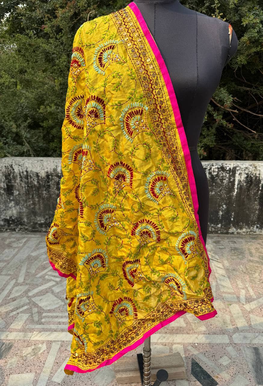 bhavnas boutique - Wholesale Wrap - Women's - Yellow Cotton Scarf Embroidery Thread Work Phulkari Dupatta1