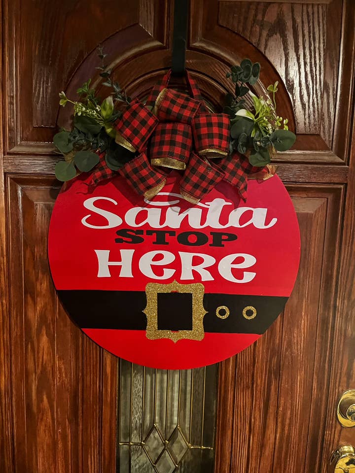 Santa Stop Here Christmas Door Hanger Sign Large 21" Wood for wholesale by Knot In Your House