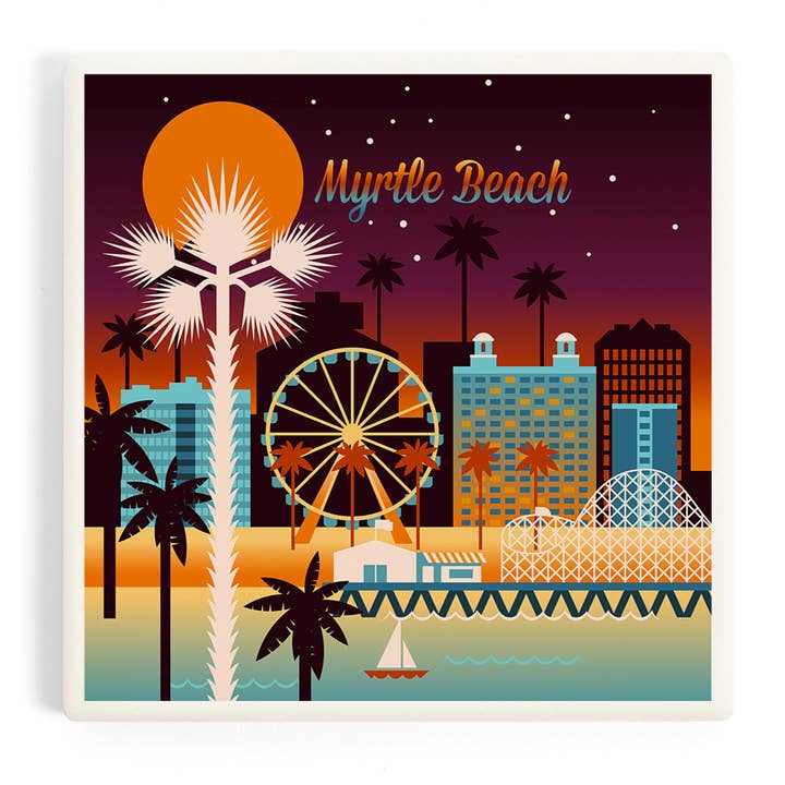 Ceramic Coaster Myrtle Beach, South Carolina, Retro Skyli for wholesale by Lantern Press