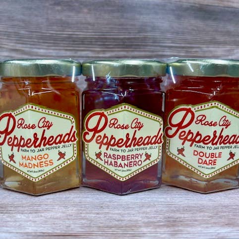 Rose City Pepperheads - Wholesale Jam/Jelly - BBQ Trio Mango Madness, Raspberry Habanero, Double Dare