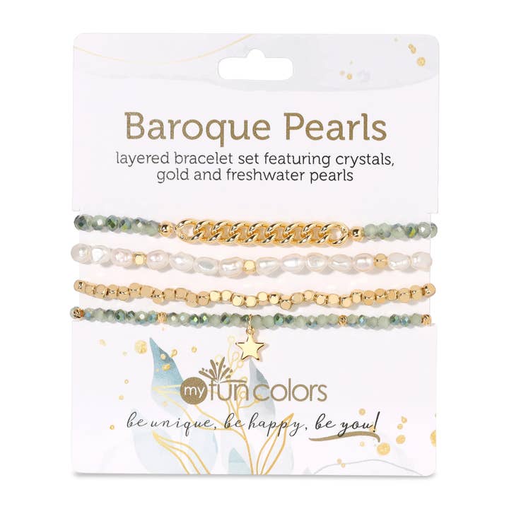 My Fun Colors - Wholesale Jewelry Set - Baroque Pearls, Green Crystals + Gold | Stretch Bracelets S4