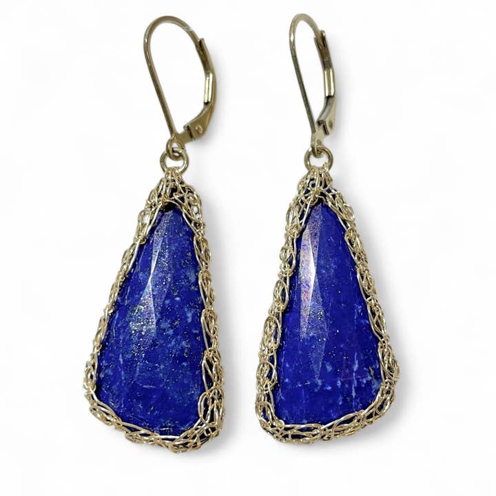 *Lapis Lazuli Triangle Earrings In Gold for wholesale by Arivka Jewelry
