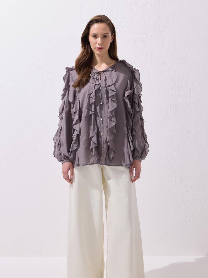 Rosa Ruffled Voile Shirt Gray for wholesale by Kadriye Baştürk