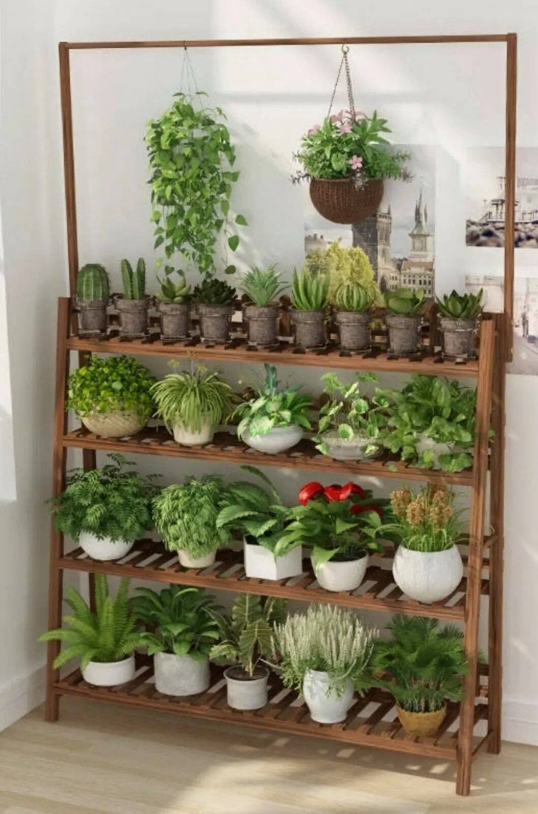 everythingbamboo - Vente Supports de plantes - Étagère porte-plante en pin massif avec barre suspendue, décor jardin intérieur et extérieur26