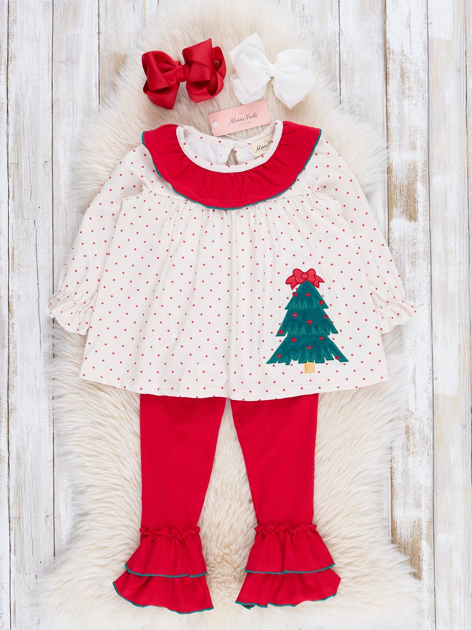 Marie Nicole Clothing - Wholesale Top & Leggings Set - Kids - Polka Dots Embroidered Trees Ruffle Outfit0