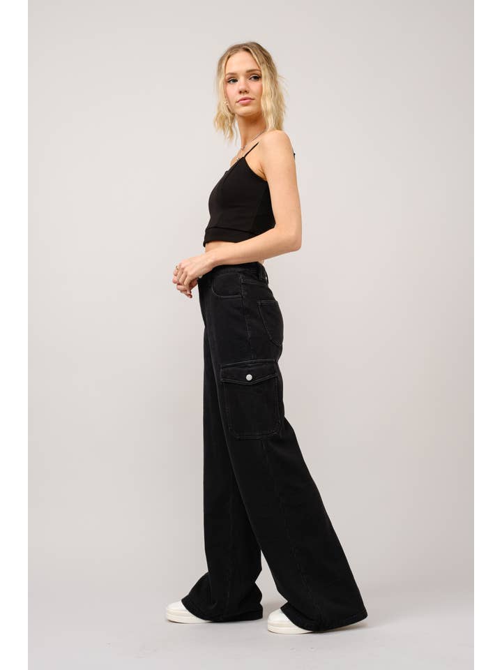 BLACK 23183P - High rise wide leg denim sweat pants for wholesale on Faire