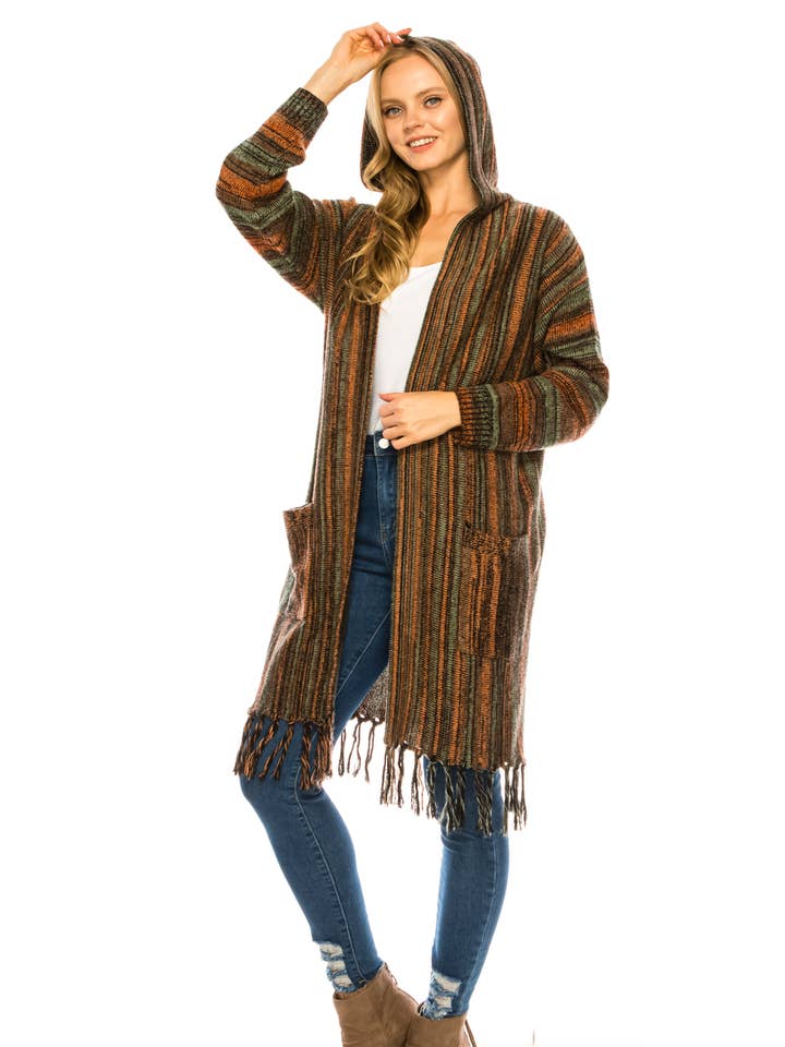 OUG81329 Hooded multi färg randig stickad lång cardi tröja för wholesale av Oceanus Apparel