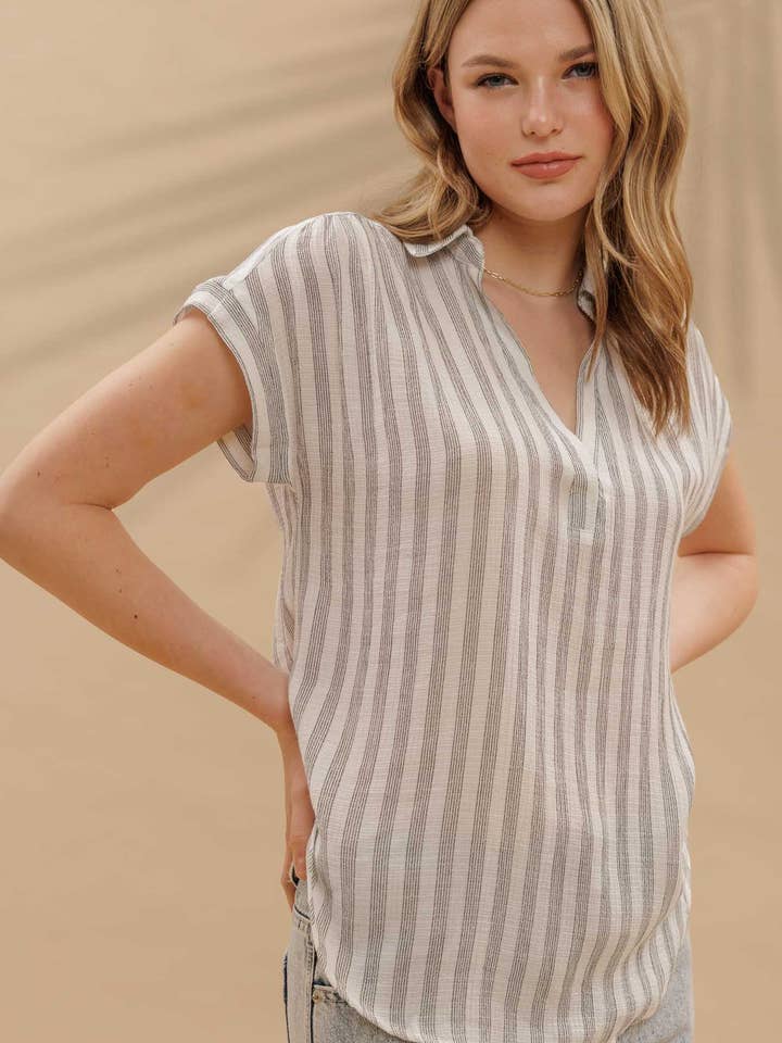 Blu Pepper - Wholesale Blouse - Women's - STRIPE COLLARED CUFF SLEEVE LIGHTWEIGHT SHIRT