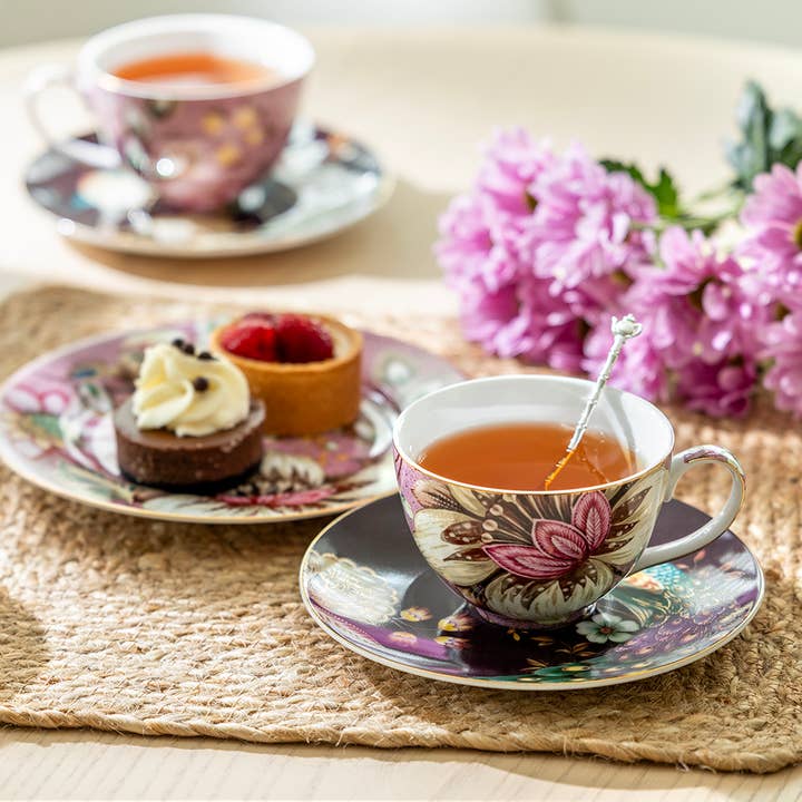 Peacock Lotus Garden Pink Fine Porcelain Cup Saucer Set of 2 for wholesale by Grace Teaware
