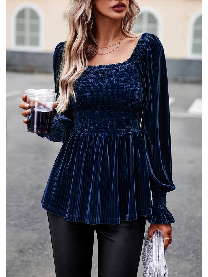 ePretty - Wholesale Blouse - Women's - Velvet Smocked Ribbed Square Neck Peplum Blouse SZ25-TP3203219
