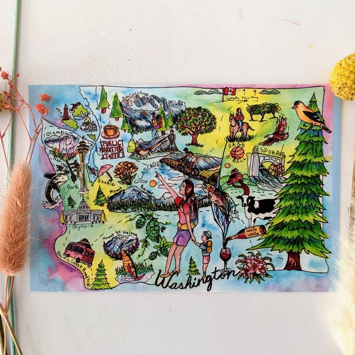 Washington State vykort, Washington vykort, PNW-vykort för wholesale av Mary Felker Art and Design