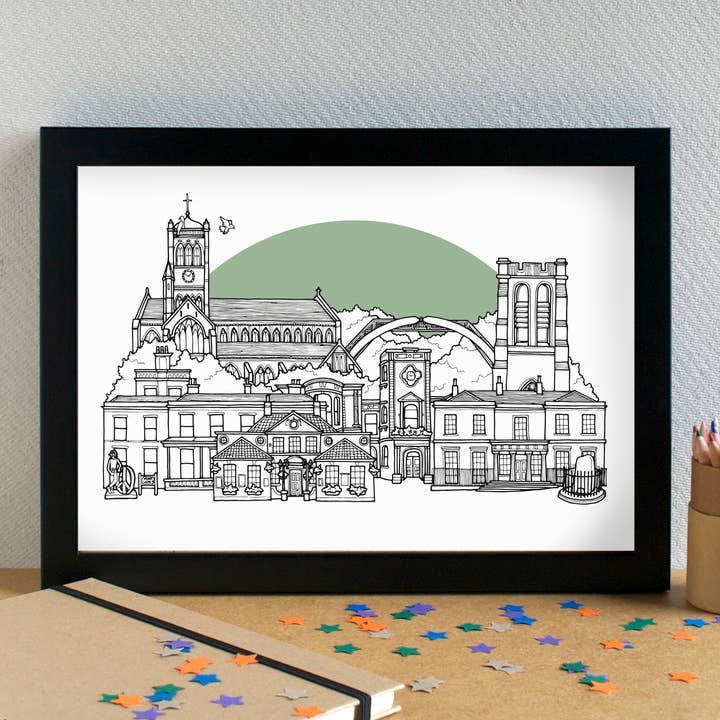 Mossley Hill Liverpool Skyline Landmarks Art Print for wholesale by Becka Griffin Illustration