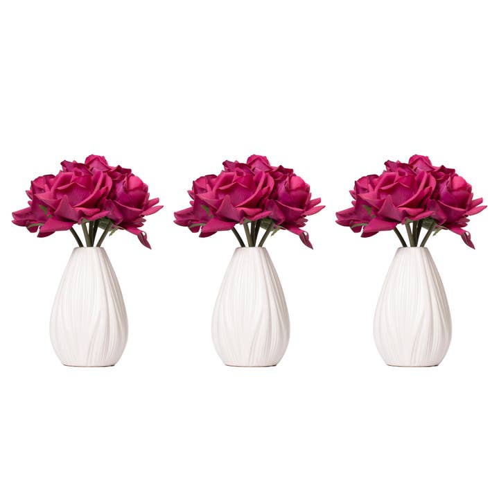 3 Pack - 10" Purple rose in an Off-white Ceramic Vase for wholesale by Vintage Home