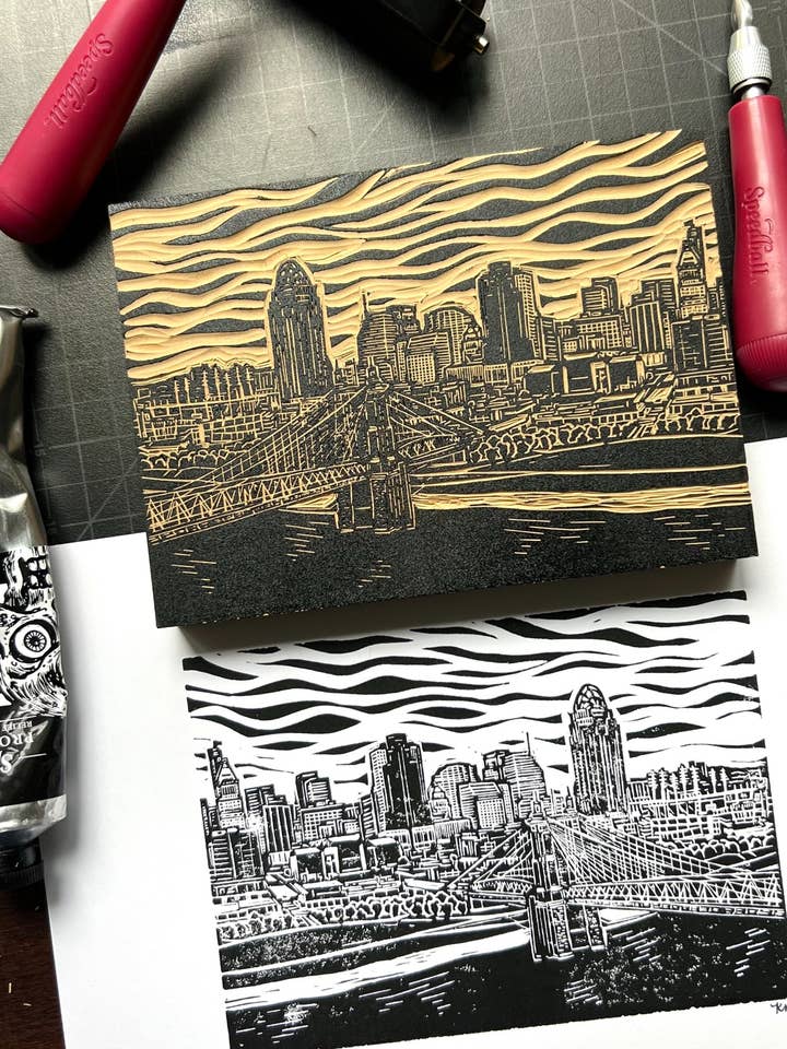 Cincinnati Skyline Linoleum Print for wholesale by KatieMcKDesigns
