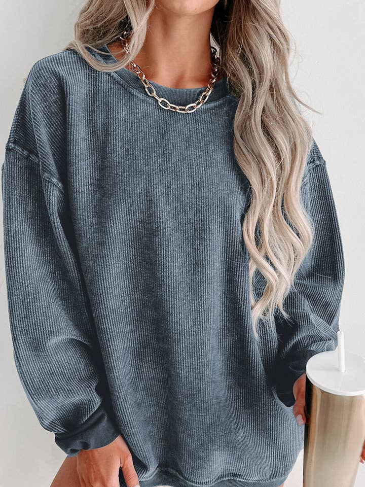 FULL TIME PURCHASE - Wholesale Sweatshirt - Women's - Solid Ribbed Knit Round Neck Pullover Sweatshirt