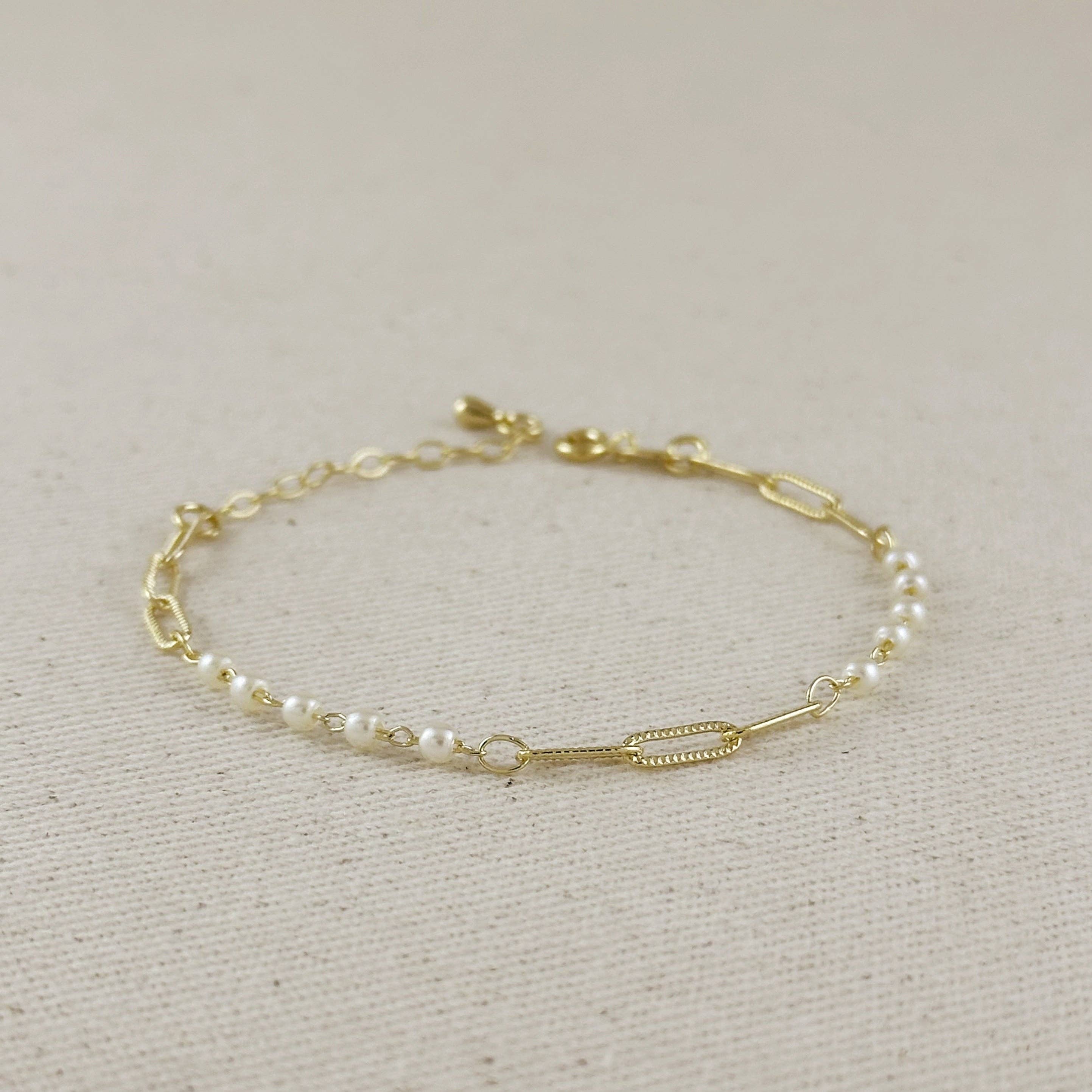 GoldFi - Wholesale Link & Chain Bracelet - 18k Gold Filled Diamond Cut Paperclip & Pearls Bracelet2