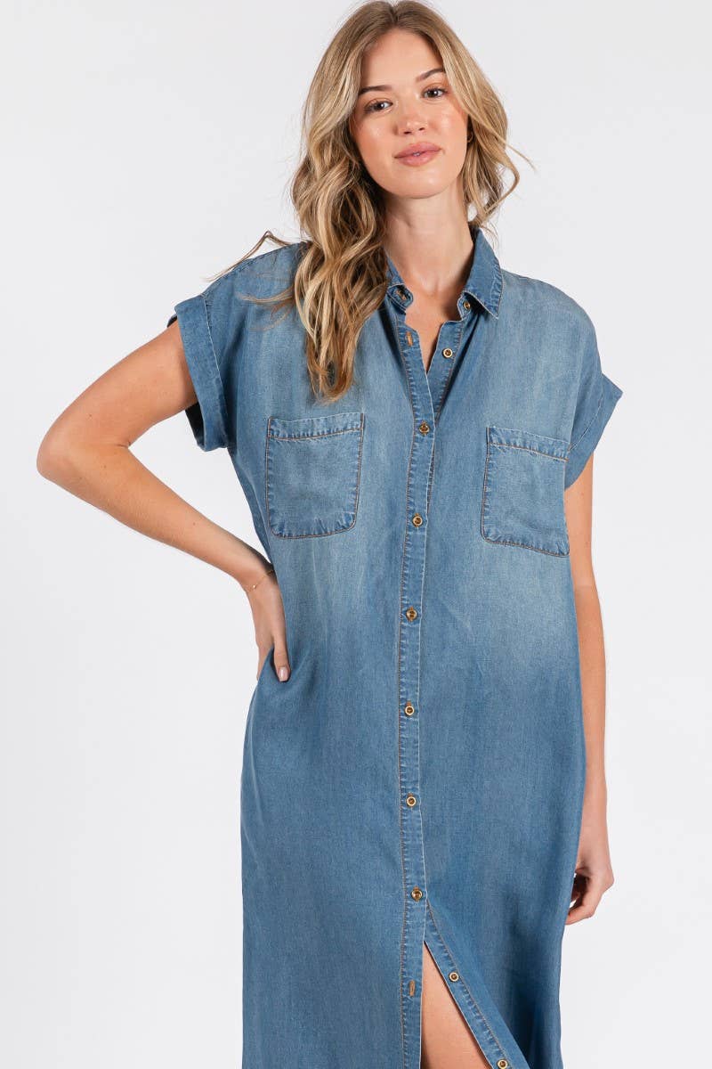 ZiA Apparel - Wholesale Jurk - Dames - Maxi spijkerjurk met korte mouwen en overhemdstijl8