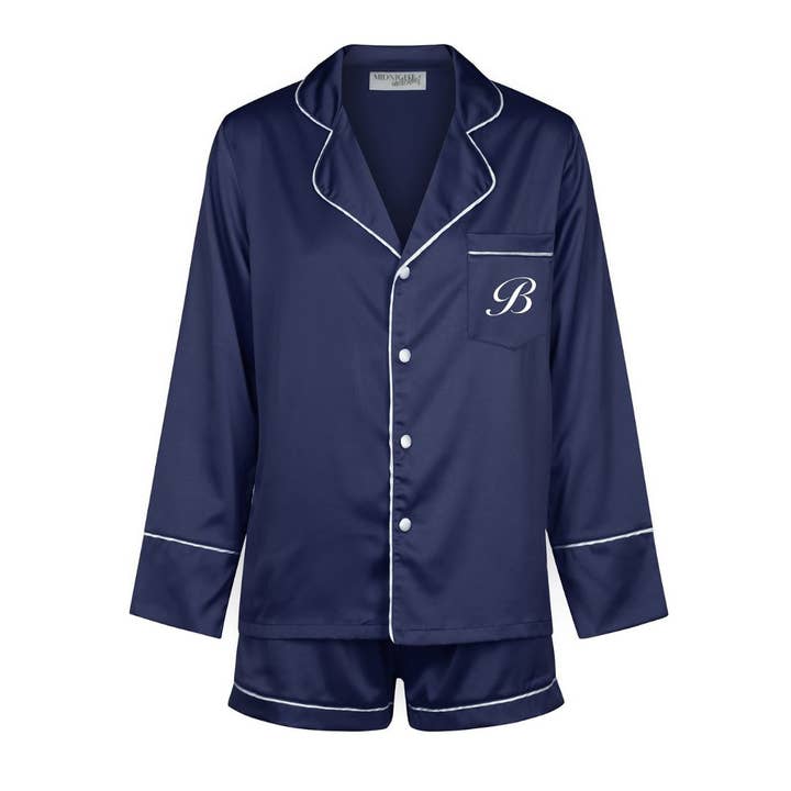 Kinderen Op Maat Gemaakt Satijnen Pyjamaset - Lange Mouwen met Korte Broek Middernachtblauw/Wit voor wholesale door Midnight Mischief