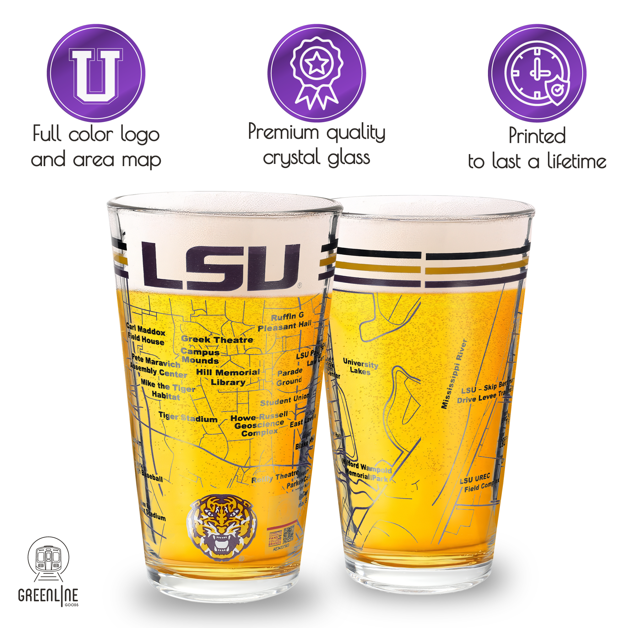 Greenline Goods - Wholesale Beer Glass/Mug - Louisiana State University Tigers College Pint Glasses - Full Color LSU Logo & Campus Map LSU Tiger Gift Idea College Grads and Alumni (Set of 2)2