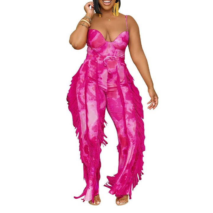 Printed Tassel Lace Sling Jumpsuit Two Piece Suit for wholesale by Paperdoll