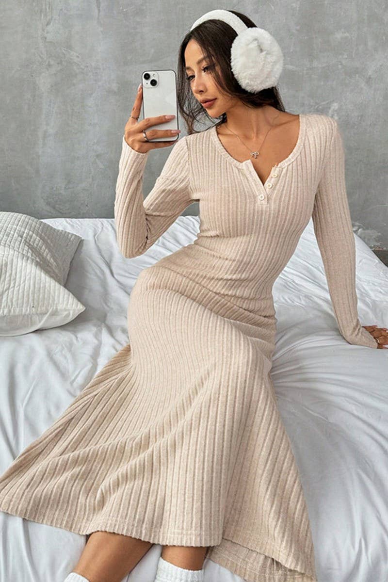 BEIGE CWDMD00981_ELEGANT SLIM-FIT V-NECK SOLID COLOR SWEATER DRESS for wholesale on Faire2