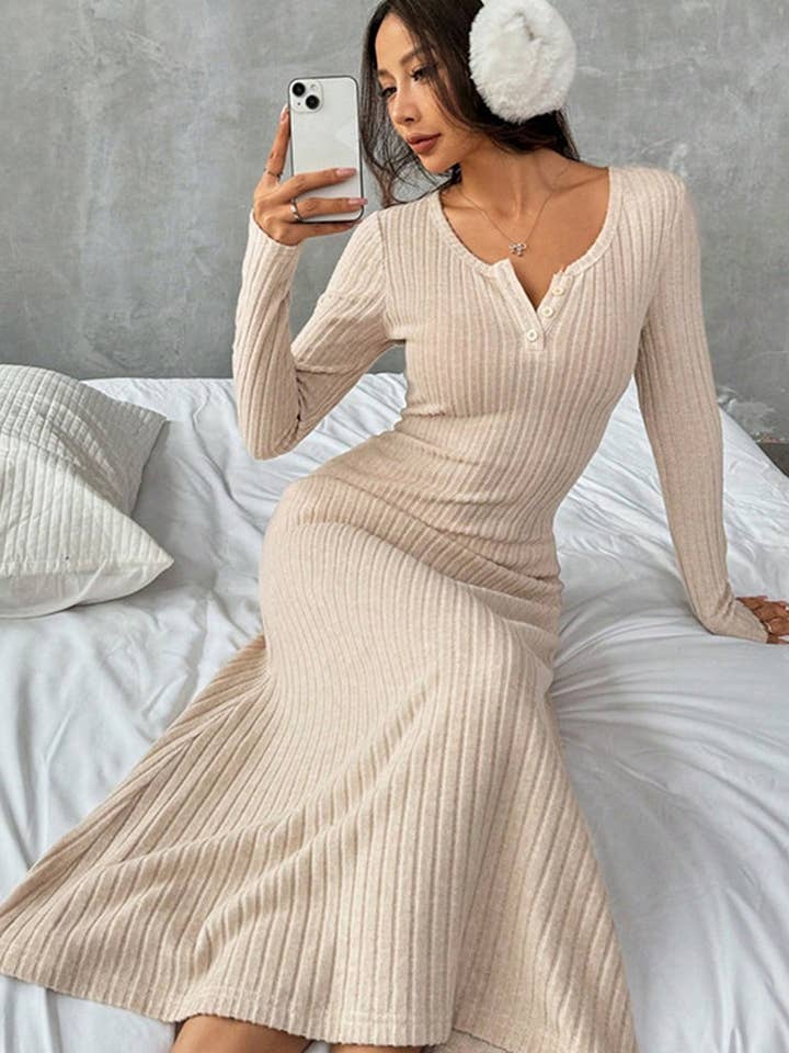 BEIGE CWDMD00981_ELEGANT SLIM-FIT V-NECK SOLID COLOR SWEATER DRESS for wholesale on Faire2