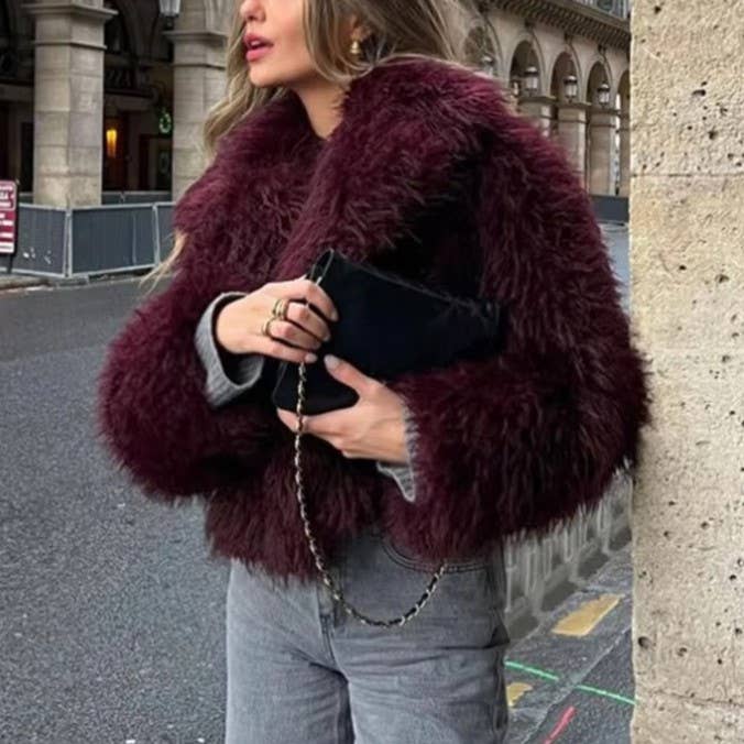 Burgundy Fuzzy Lapel Faux Fur Cropped Coat for wholesale on Faire
