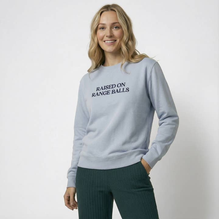 Dusky Blue Raised on Range Balls Sweatshirt for wholesale by Emyvale Golf