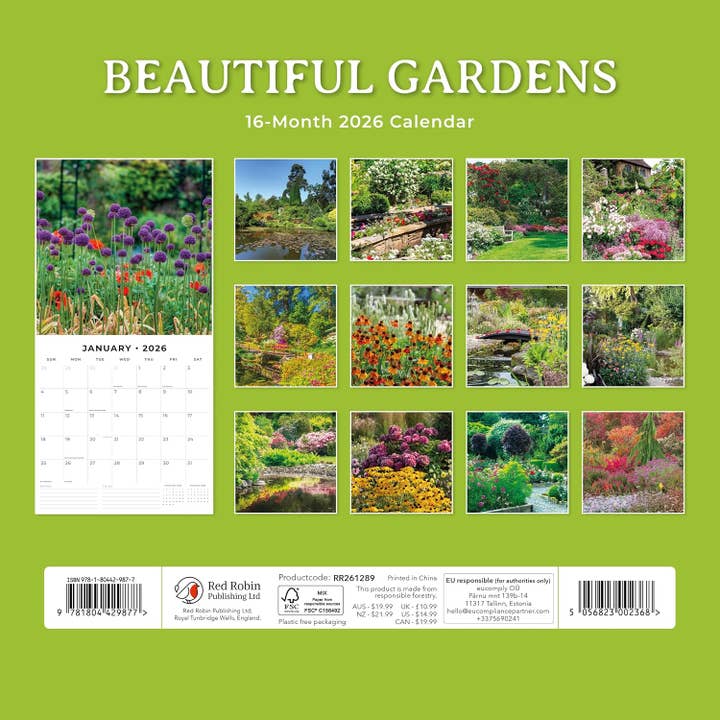MiddleGift - Wholesale Calendar - Red Robin 2026 Beautiful Gardens Monthly Wall Calendar1